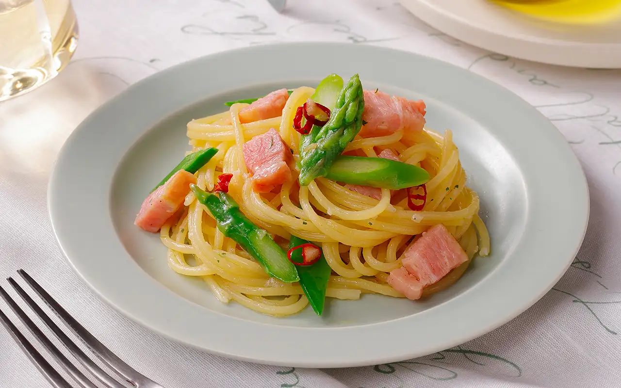 アスパラとさやえんどうのペペロンチーノ